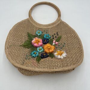 Handbag Tote Weaved Jute Floral Vase Design Wooden Handles Summer Beach Vacation